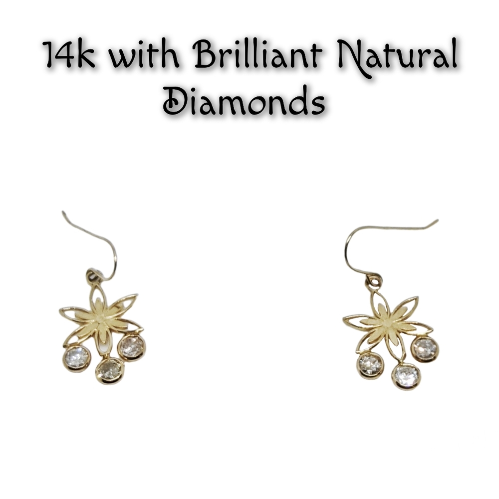 14k Gold Earrings w/Round Brilliant Cut Diamonds. NWOT